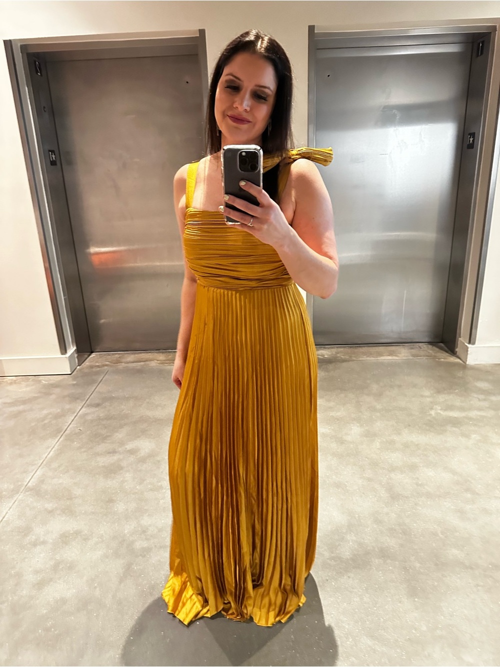 Lulu's Mustard One-Shoulder Pleated Maxi Dress